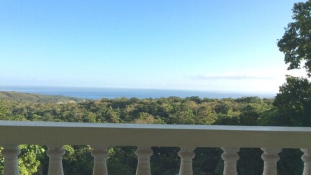 A balcony with a view of a forested landscape and the ocean. - Symphony Resort (Discovery Bay)