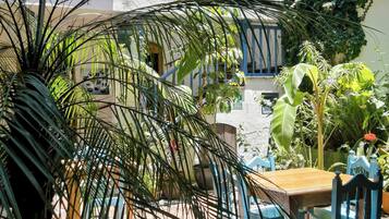 A courtyard with a wooden table and chairs, surrounded by potted plants and a staircase with blue railings.