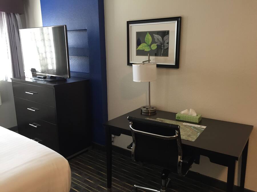A hotel room with a bed, a desk with a chair, a television on a dresser, a framed picture on the wall, and a bedside table with a tissue box.