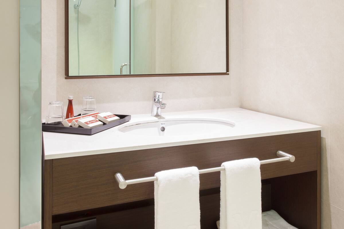 deluxe king room | bathroom | shower, free toiletries, hair dryer, slippers