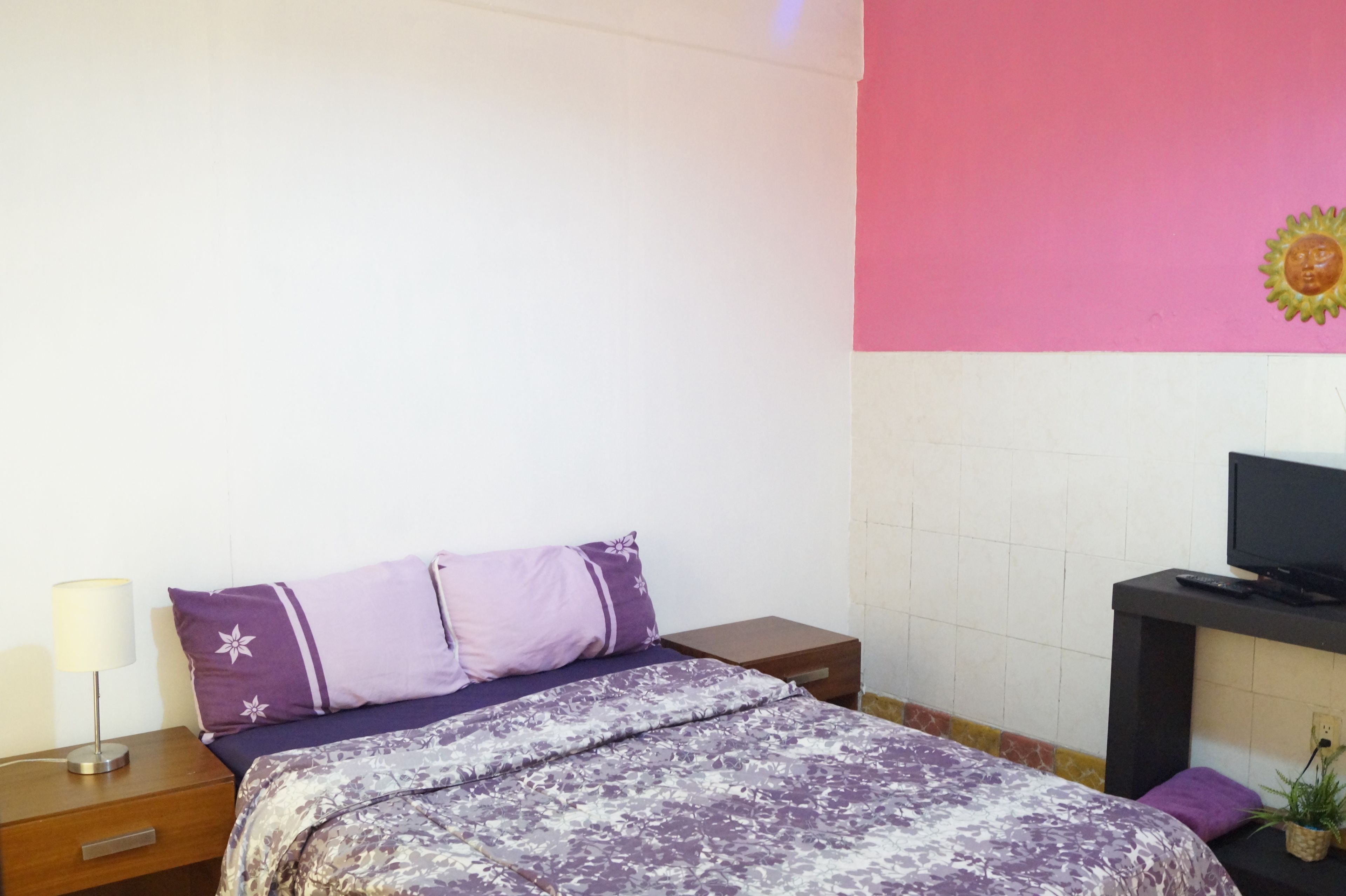 Une chambre à coucher avec un lit, une table de chevet, une lampe, un téléviseur et une petite plante.
