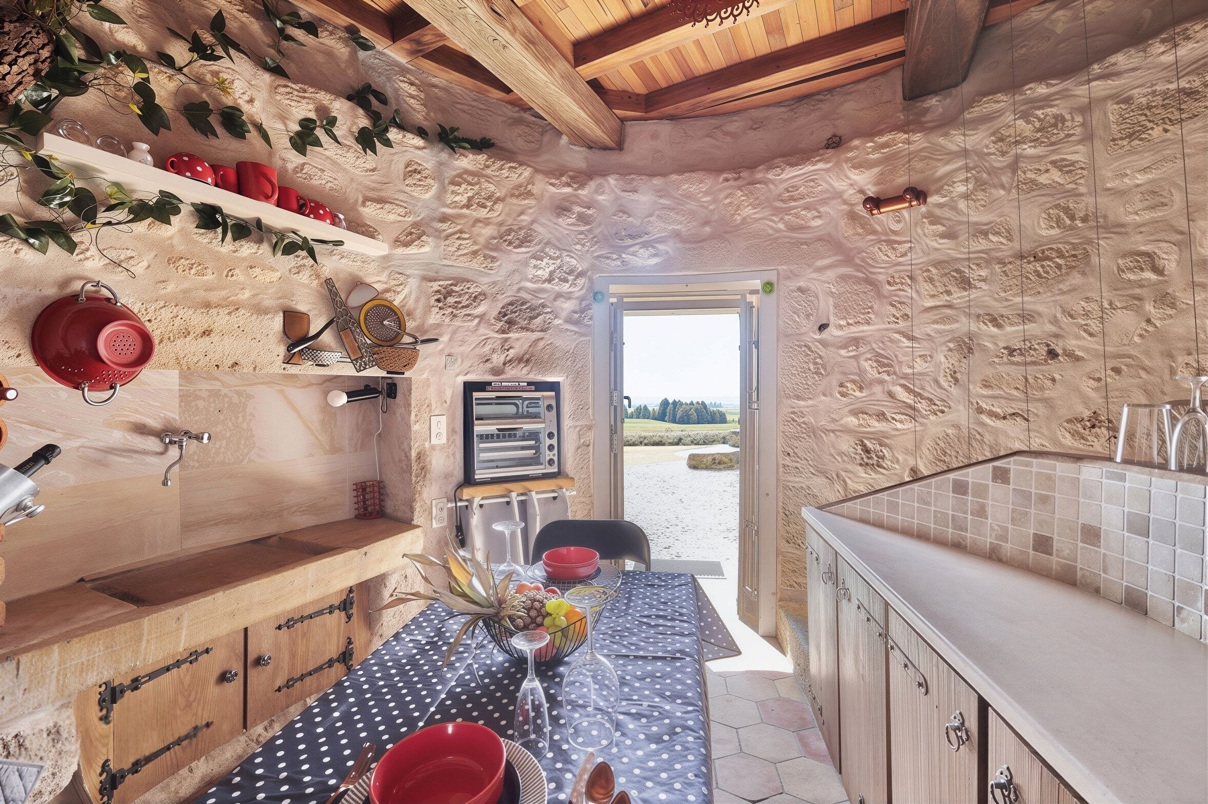 Een rustieke keuken met stenen muren, een houten plafond en uitzicht op het platteland.