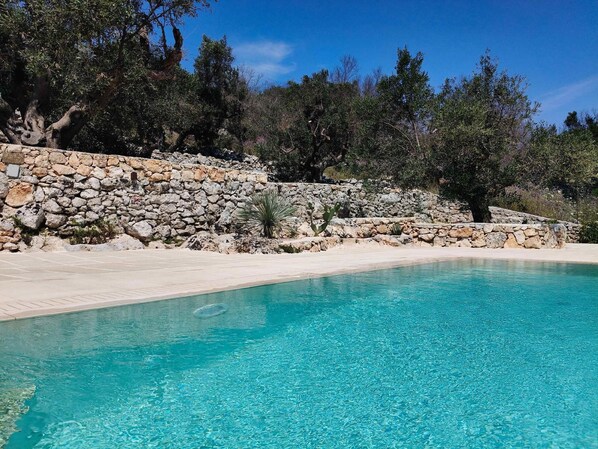 A clear blue pool surrounded by a stone wall and trees.