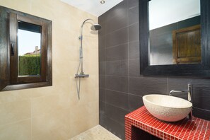 Features a large round sink, sleek faucet, and dark tile walls, alongside a spacious shower with a contemporary showerhead.