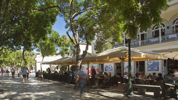 An outdoor café with tables and umbrellas, surrounded by trees and buildings.