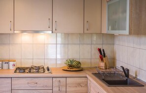 Fridge, stovetop, coffee/tea maker