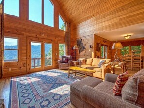 TV, fireplace, table football, offices - Appalachian View - 3BR, 2.5BA, VIEWS!, Private, Hot Tub, Fenced Yard, Fire Pit (Waynesville)