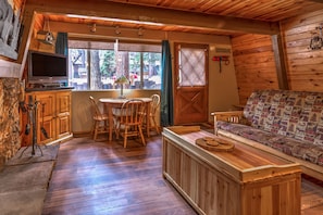 Smart TV, fireplace, DVD player, books
