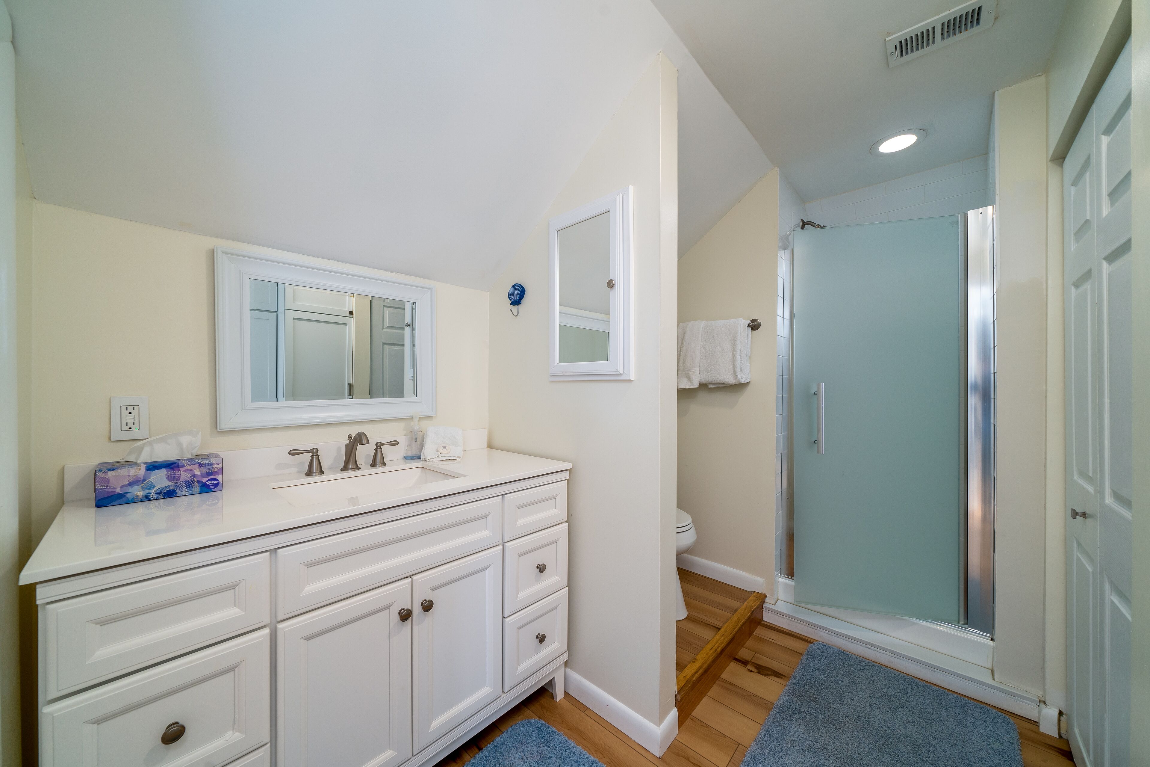 Une salle de bain avec un meuble-lavabo blanc, un miroir, des toilettes et une douche à parois de verre.