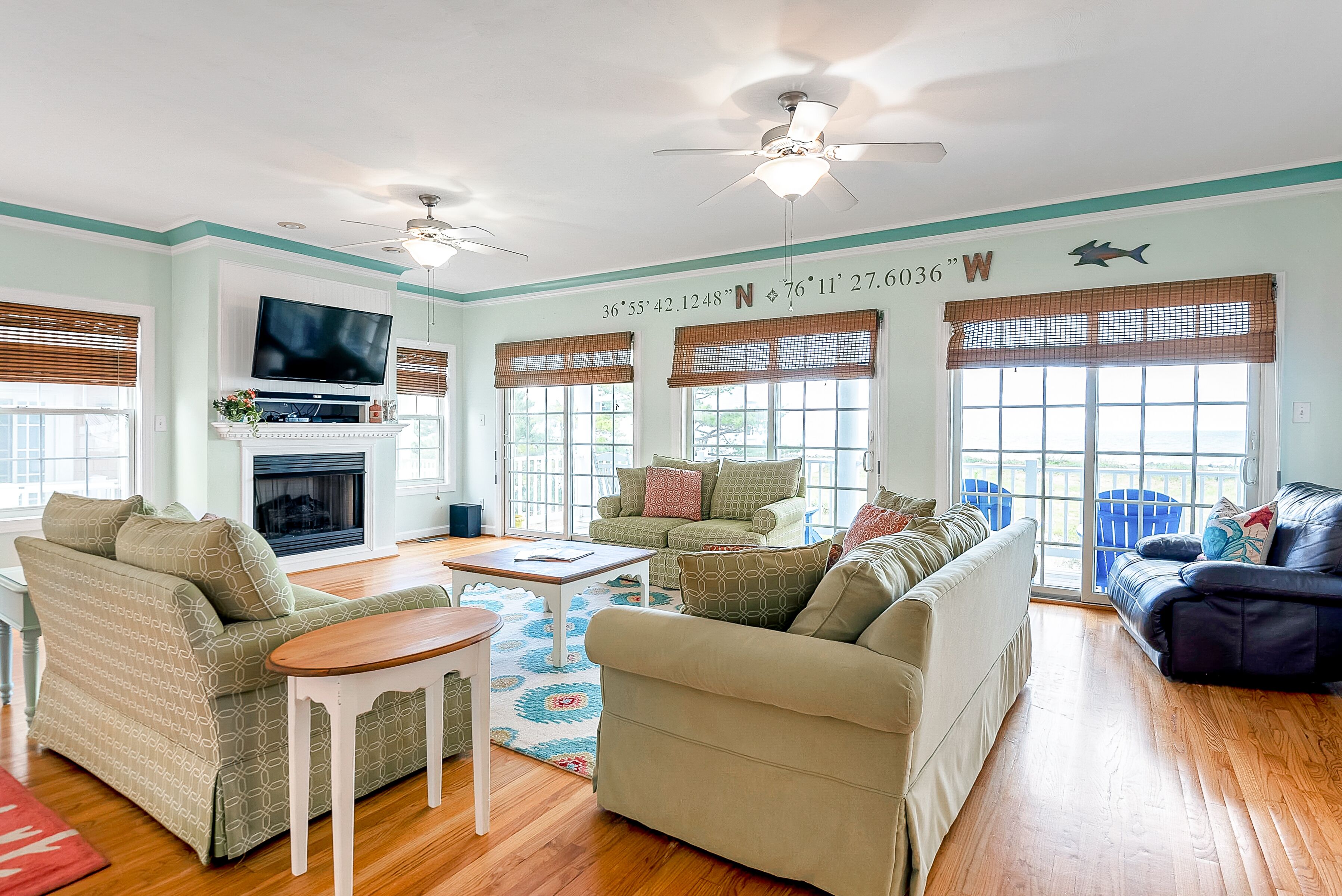 TV connectée, cheminée, lecteur de DVD, livres