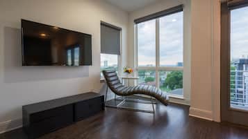 Smart TV, fireplace, books, stereo