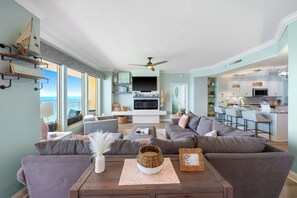 Smart TV, fireplace, DVD player