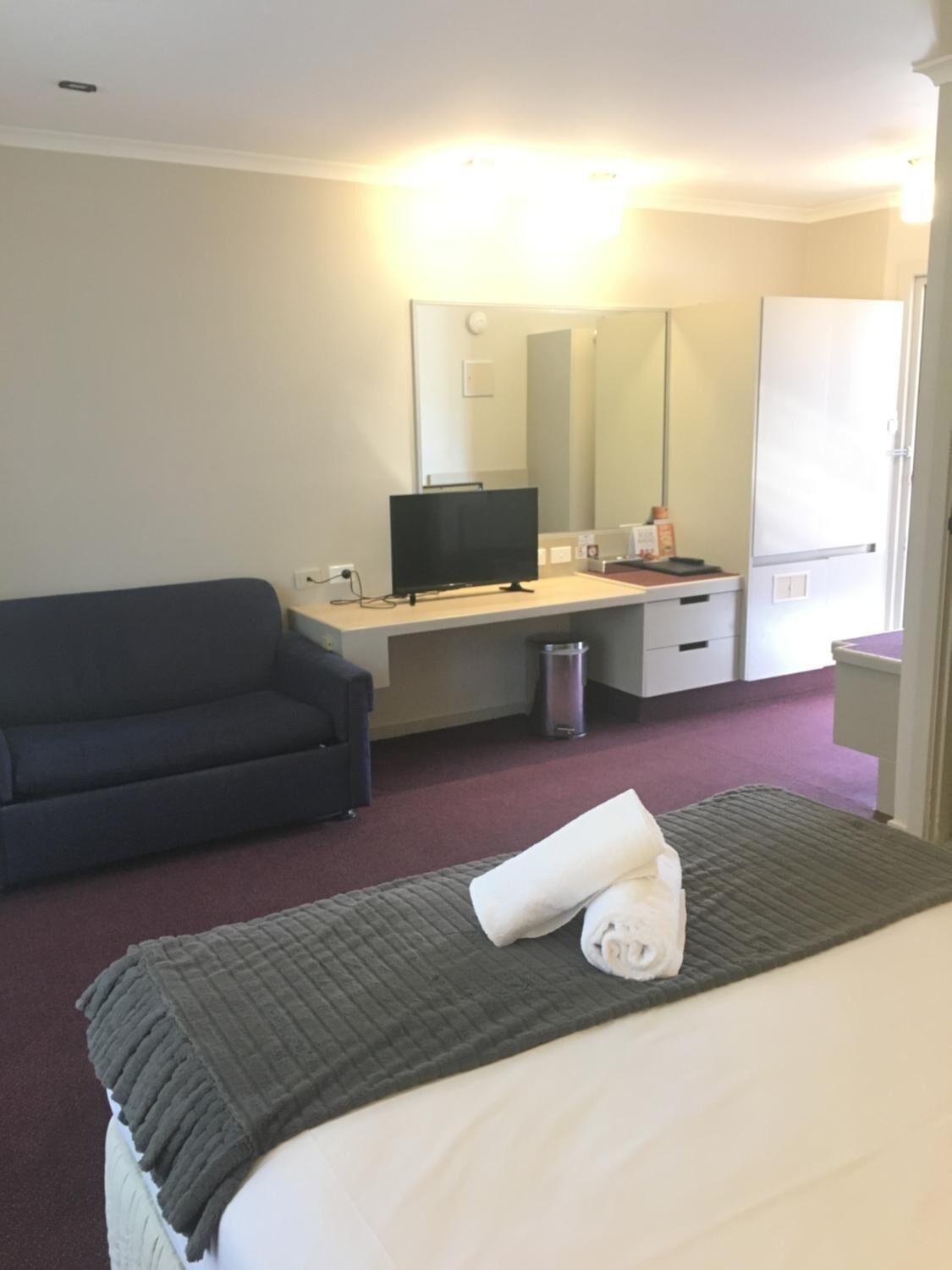 Una habitación de hotel con cama, escritorio, televisor, armario y cesto de basura.
