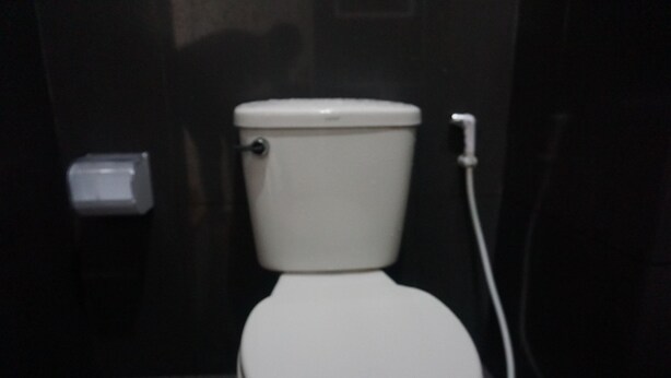 A white toilet with a flush handle and a flush button, set against a dark wall. - Wetsawat Place Hotel (Yasothon)