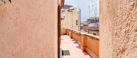 Un estrecho pasillo con piso de baldosas que conduce a un balcón con plantas en macetas y vistas de edificios vecinos.