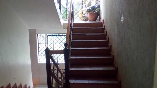 Una escalera con barandilla, una planta en maceta en el rellano y una ventana con celosía metálica.