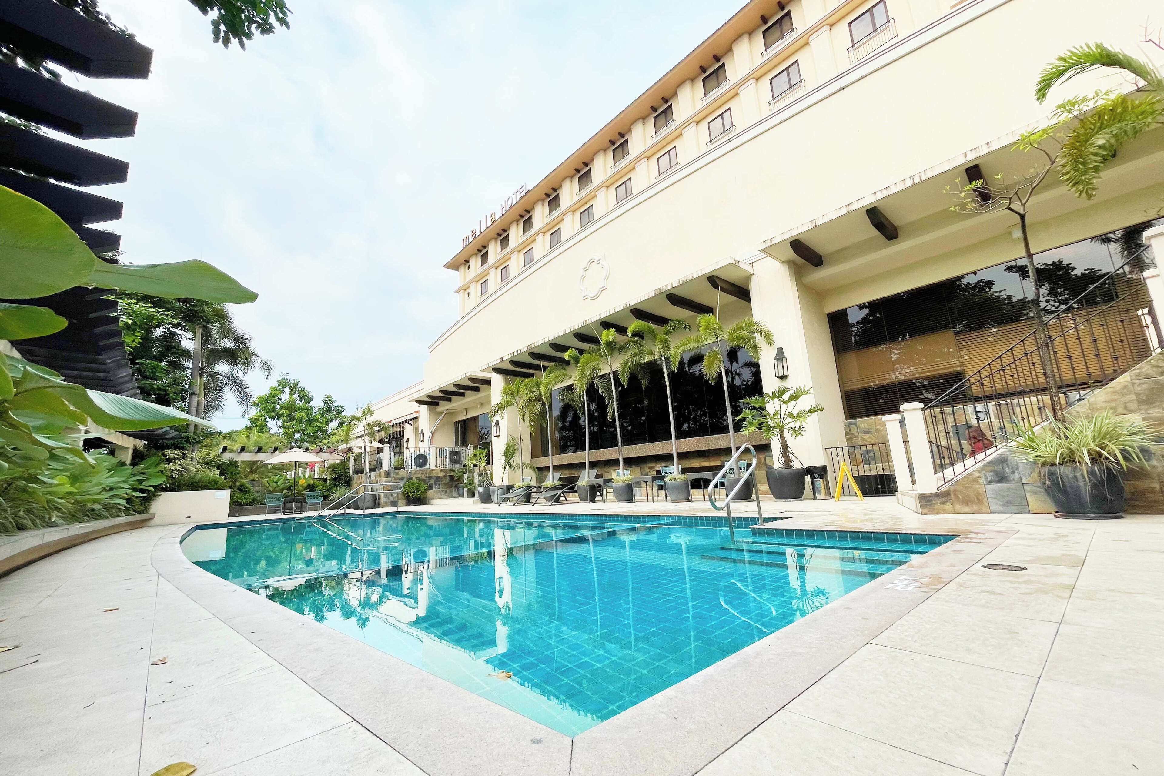 A swimming pool with a clear blue water, surrounded by a paved area and potted plants.