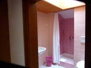 A bathroom with a shower, a sink, and a toilet. - Triple Room (Type A) - Greber Christine - Frühstückspension Fernblick (Schoppernau)
