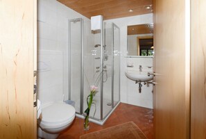 Dusche, Haartrockner, Handtücher, Toilettenpapier
