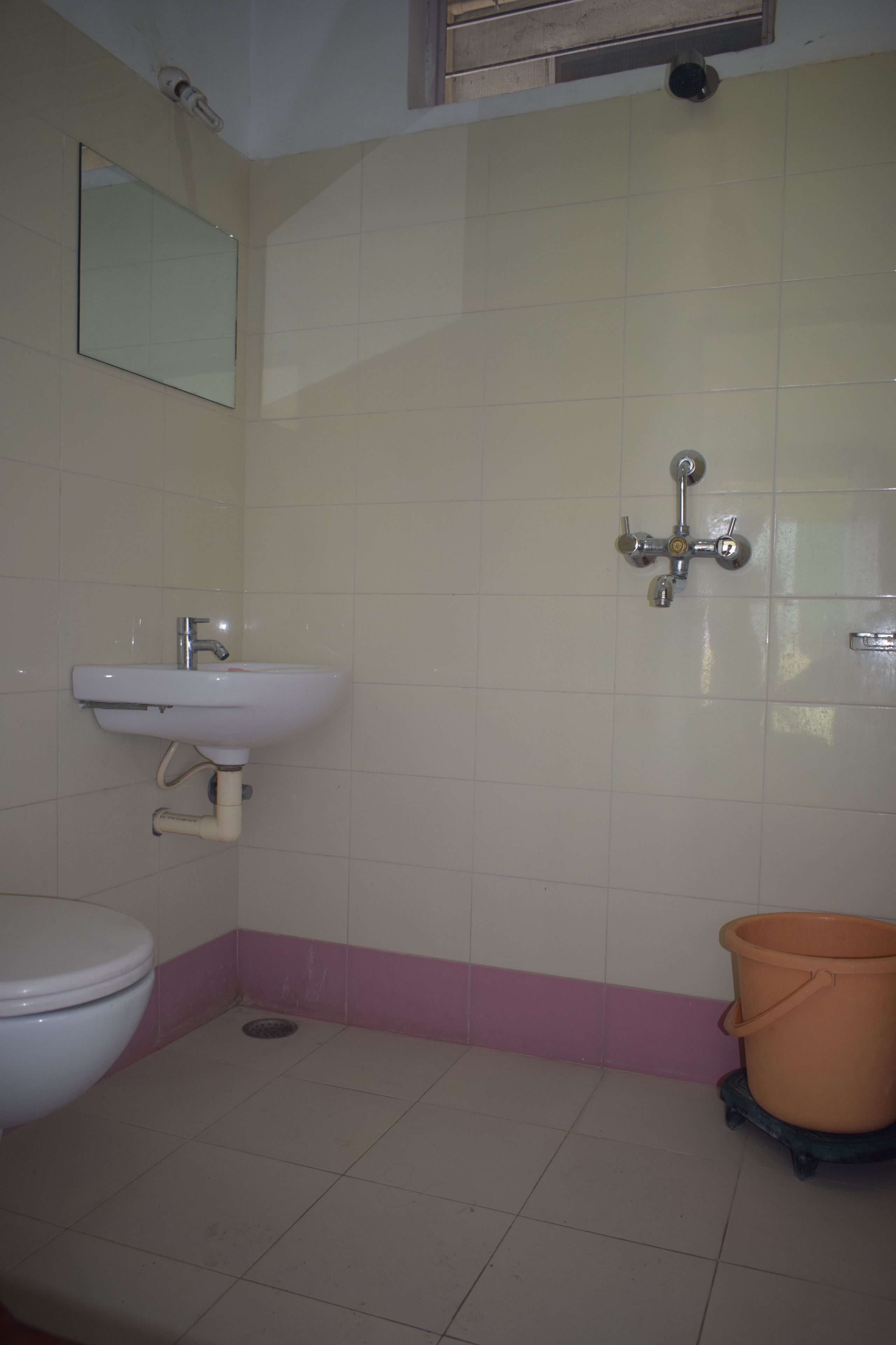 A bathroom with a white sink, a toilet, and a shower with a hose.