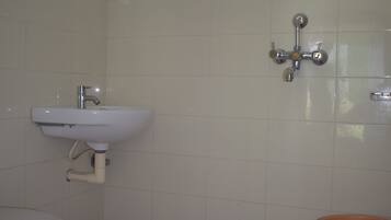 A bathroom with a white sink, a toilet, and a shower with a hose.