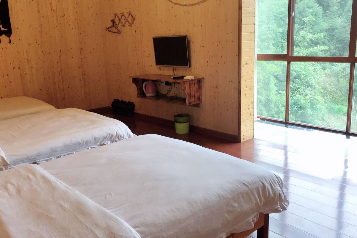 A room with two beds, a television on a wooden shelf, a window with a view of greenery, and a wall with a decorative piece.