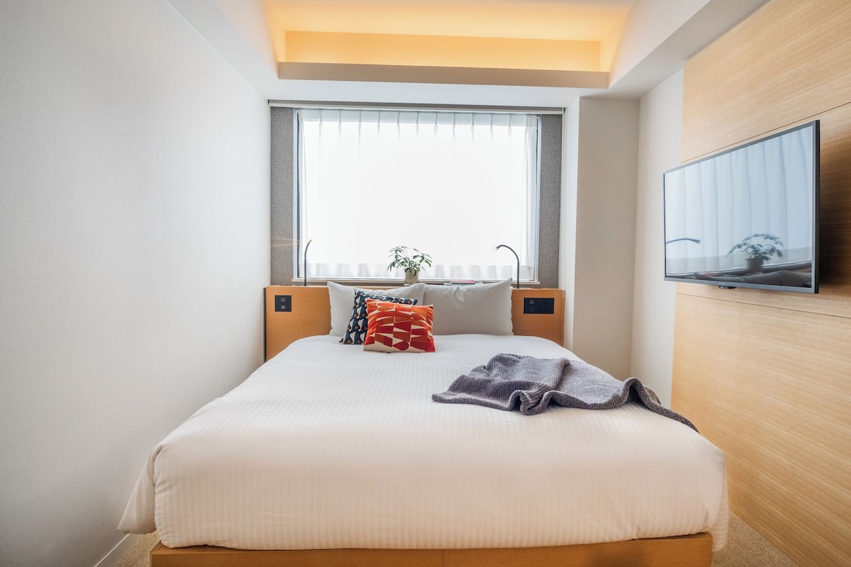 A hotel room with a large bed, a TV mounted on the wall, a window with blinds, and a small plant on the windowsill.