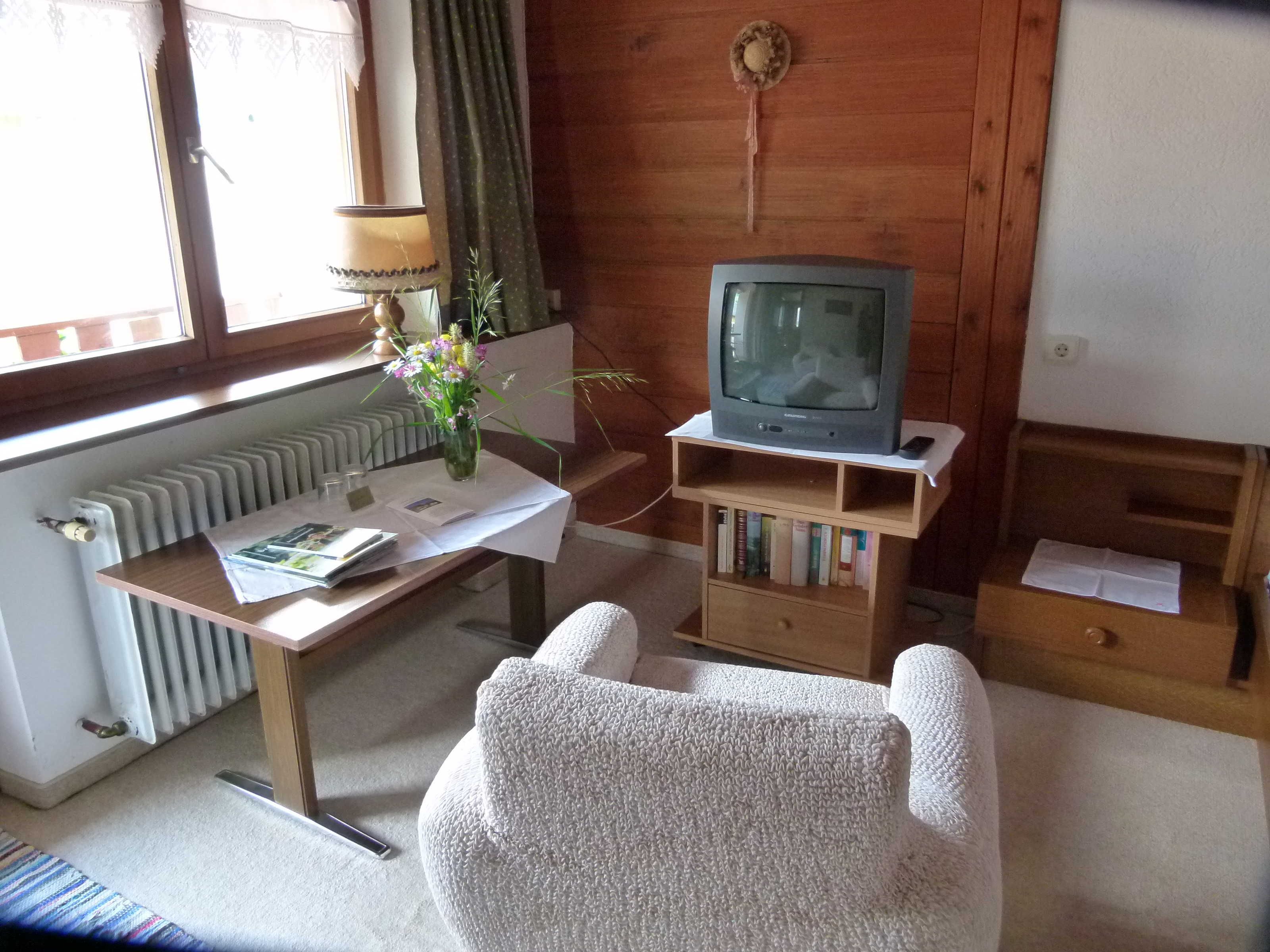 Une pièce avec un bureau en bois, un téléviseur posé sur un meuble en bois, une chaise blanche, un radiateur et une fenêtre avec des rideaux.