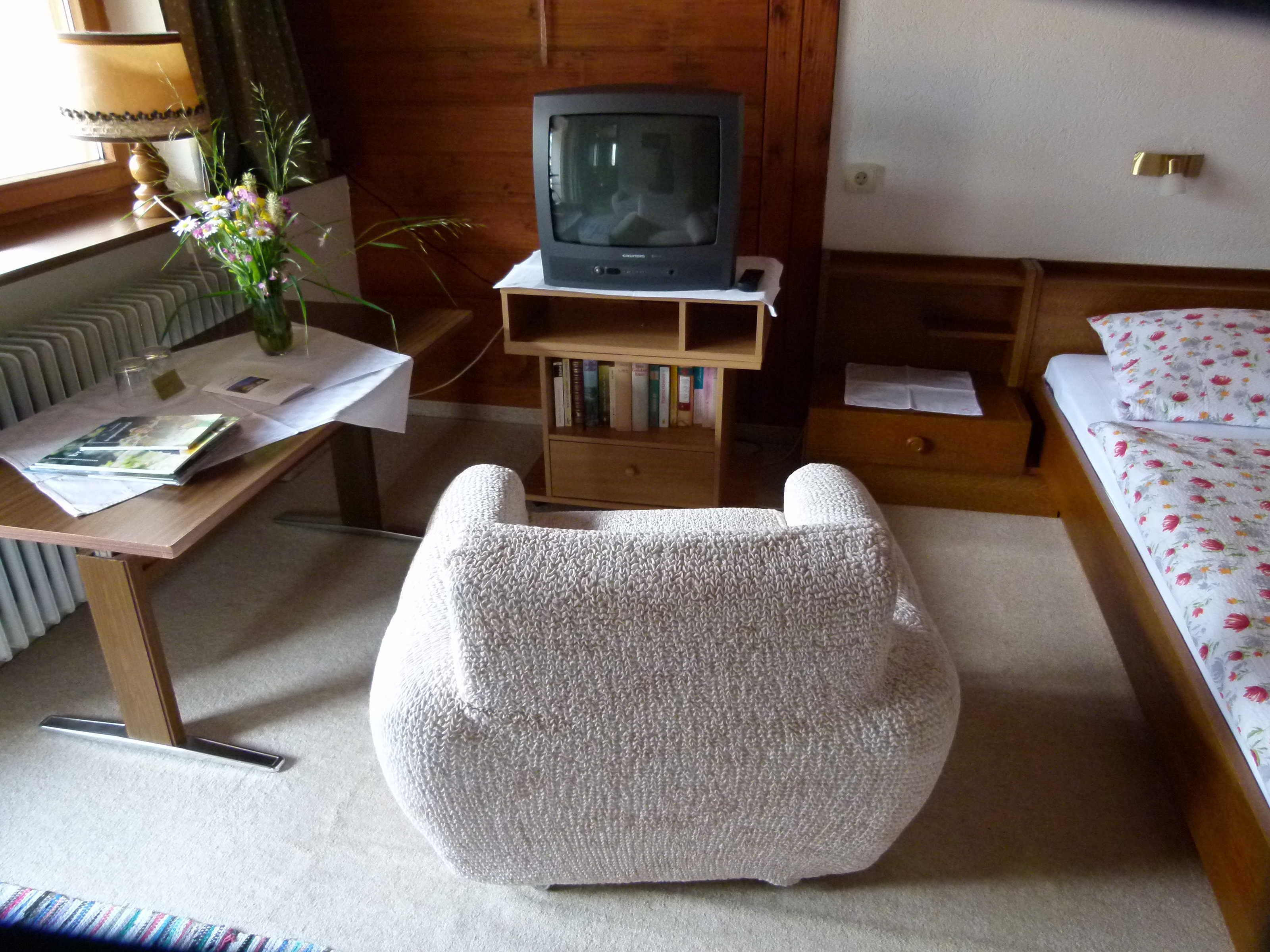 A room with a television on a wooden stand, a white armchair, a bed with floral bedding, a radiator, and a bookshelf with books.