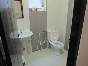 A bathroom with a sink, toilet, and a mirror. - Kandy Backpacker's Hostel (Kandy)