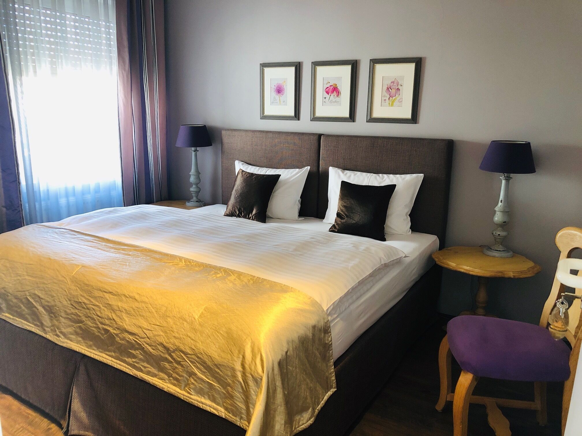 hypo-allergenic bedding, down duvets, desk, blackout curtains