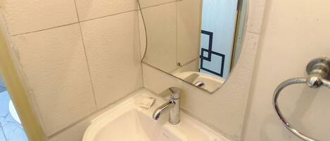 A bathroom with a white sink, a mirror, and a towel ring.