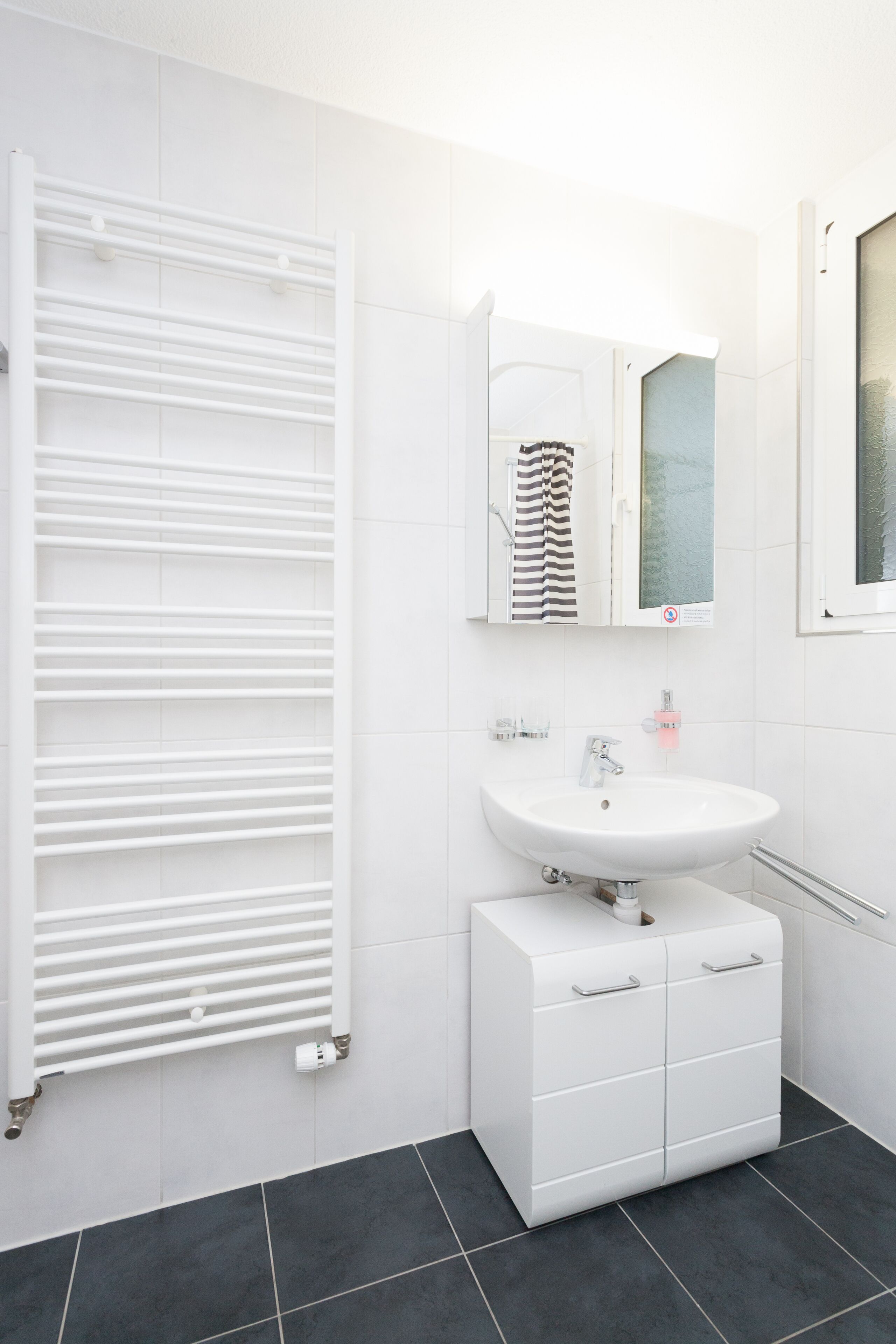 Ein Badezimmer mit weißem Waschbecken, einem Spiegel, einem Handtuchhalter und einer Heizung.