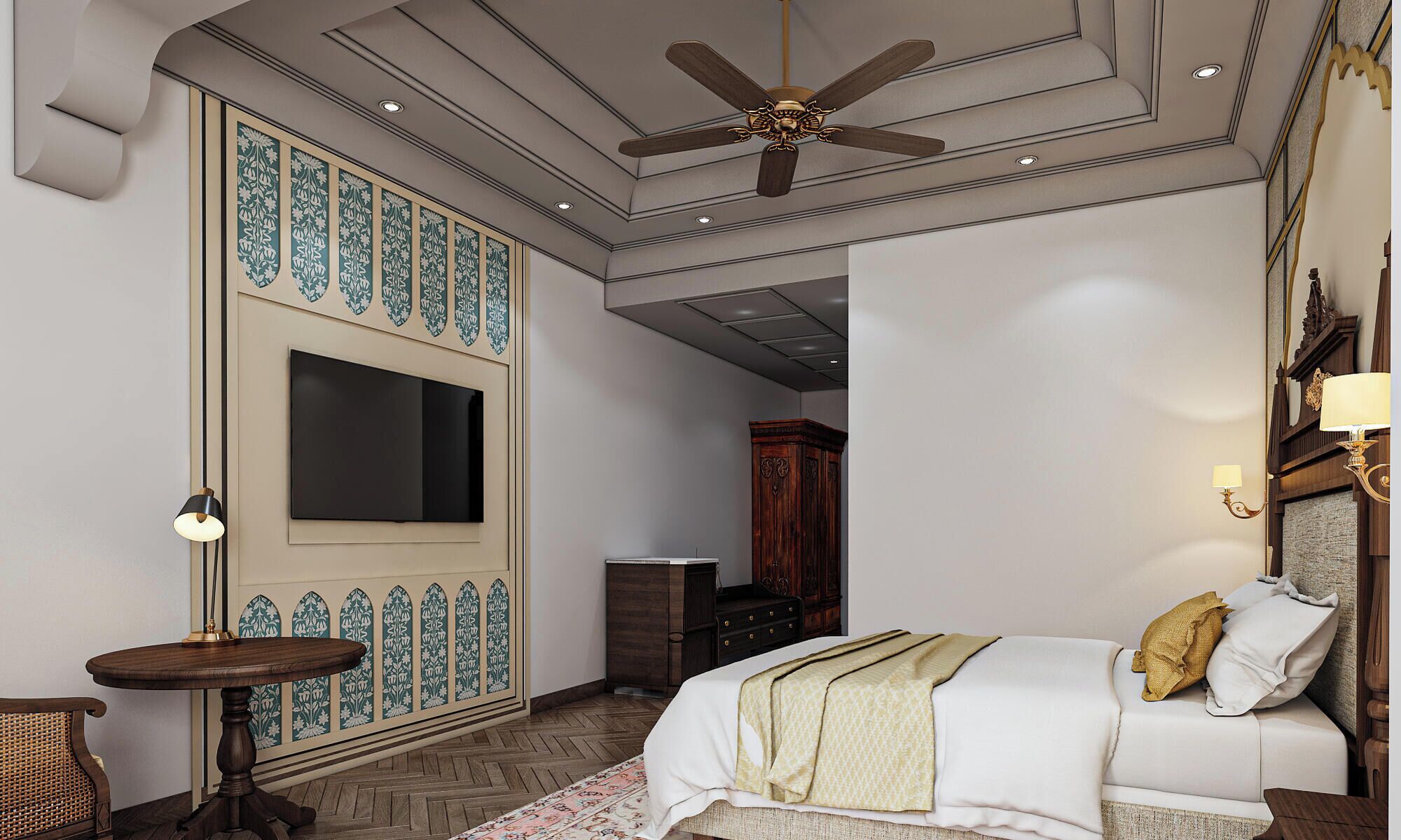 A bedroom with a large bed, a ceiling fan, a TV, and a decorative wall panel.