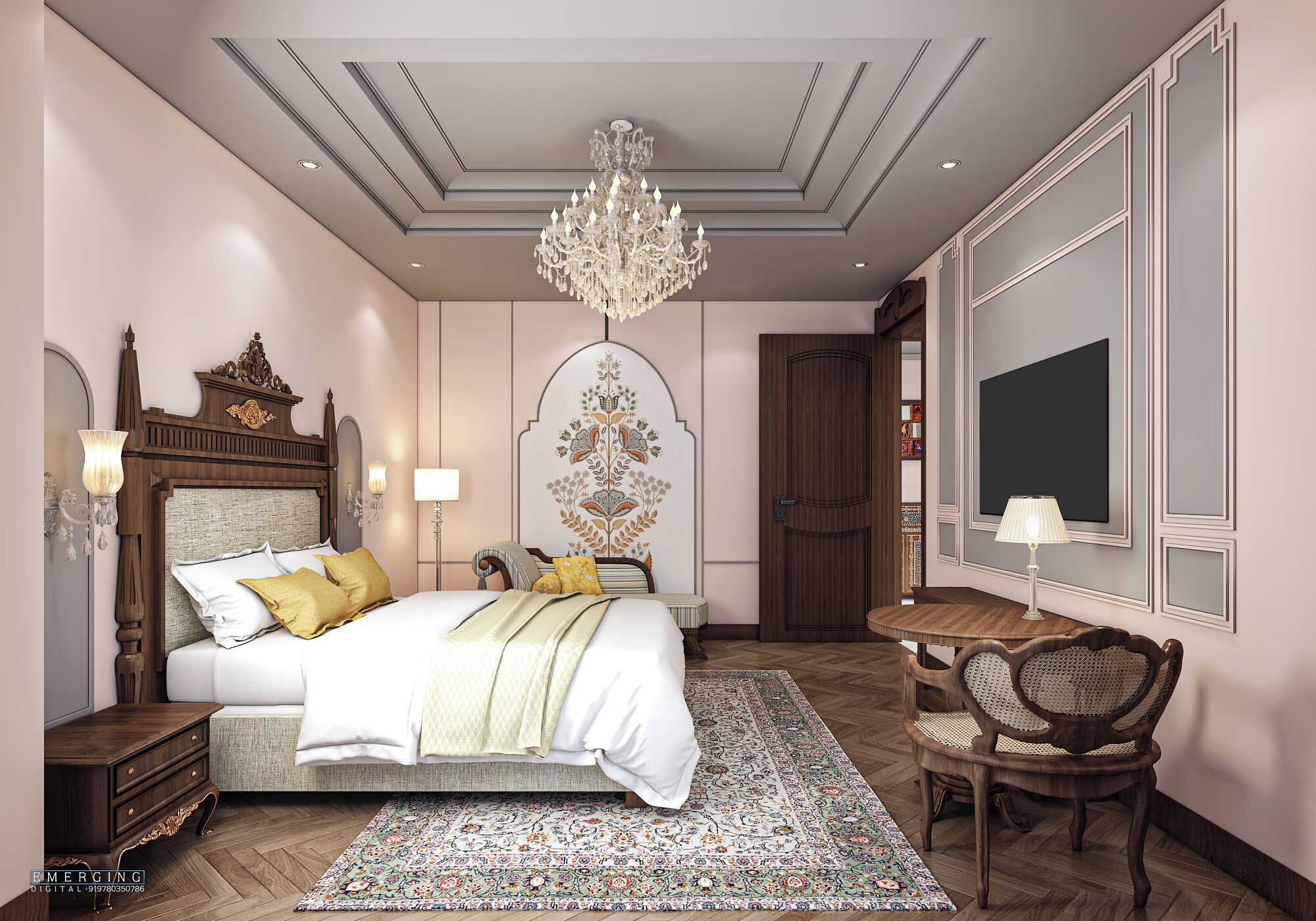 A bedroom with a large bed, a chandelier, a wooden nightstand, a desk with a chair, and a large mirror.