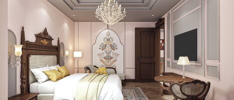 A bedroom with a large bed, a chandelier, a wooden nightstand, a desk with a chair, and a large mirror.