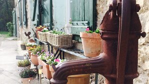 A rustic building with green shutters, a metal water spigot, and various potted plants on a metal rack. - Les chambres de Filou (Montesquieu)