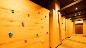 Un mur en bois équipé de prises d’escalade et un sol recouvert de moquette.