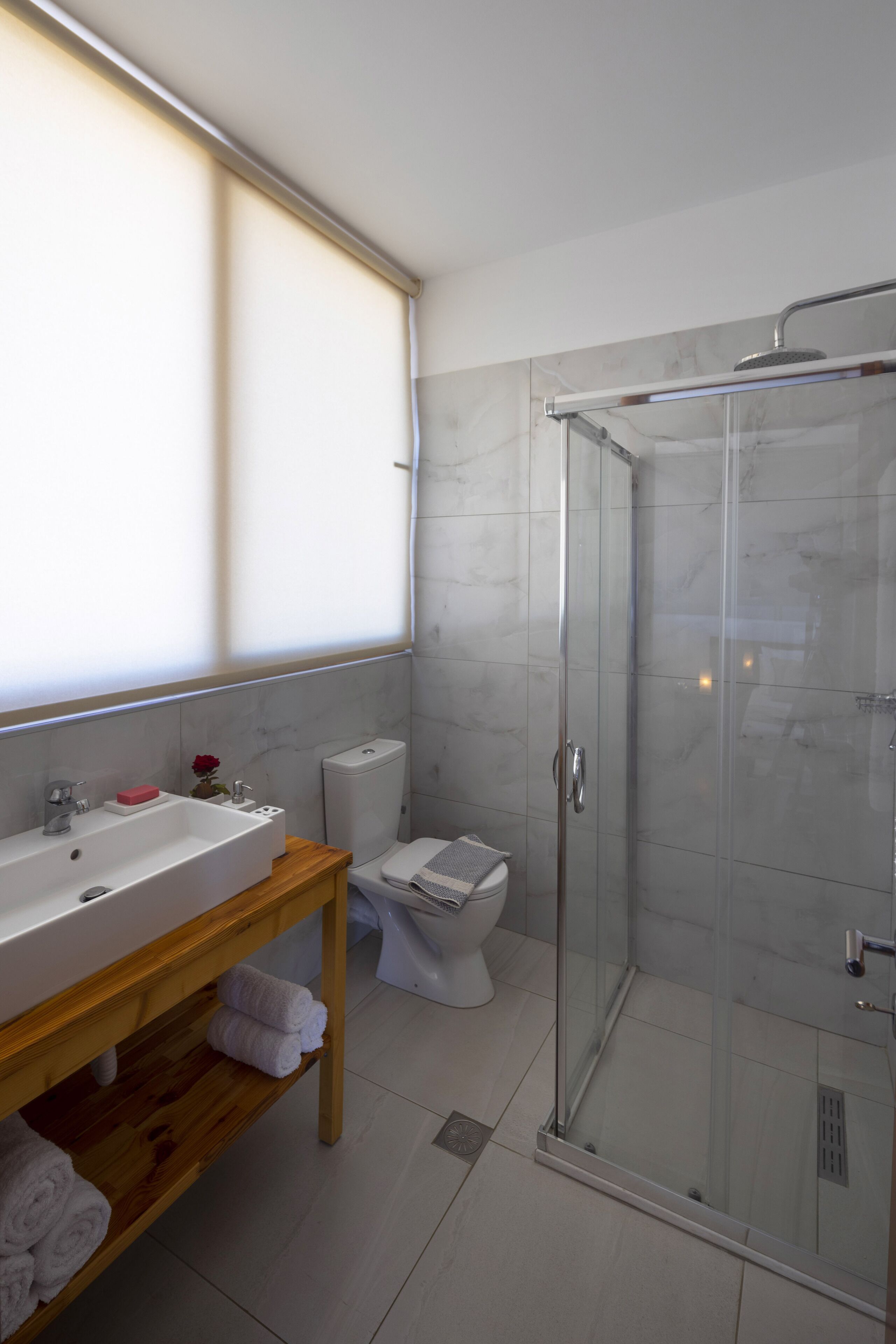 A modern bathroom with a glass-enclosed shower, a white sink, and a toilet.