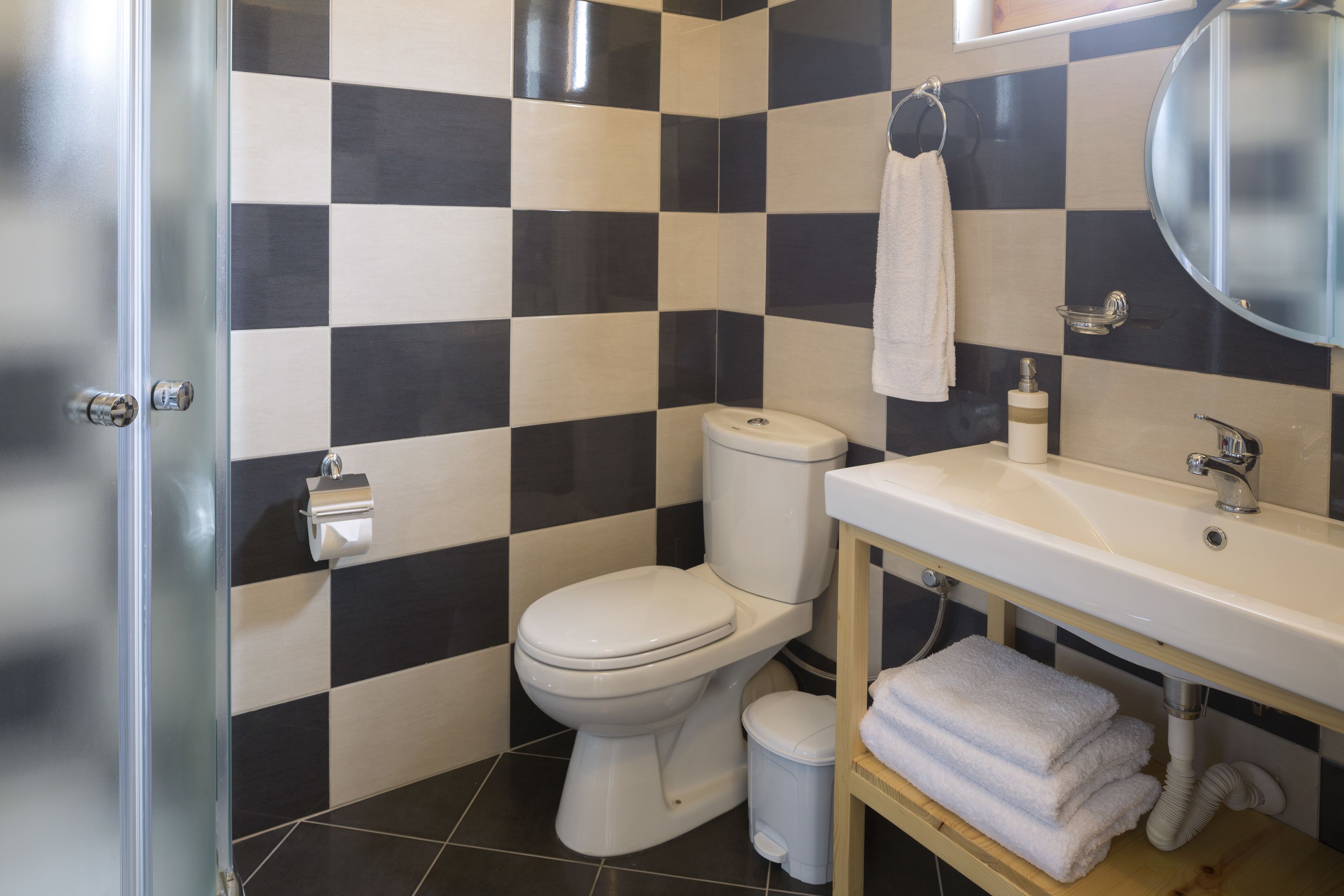 Een badkamer met een zwart-wit betegelde muur, een wit toilet, een wastafel met spiegel en een handdoekhouder.