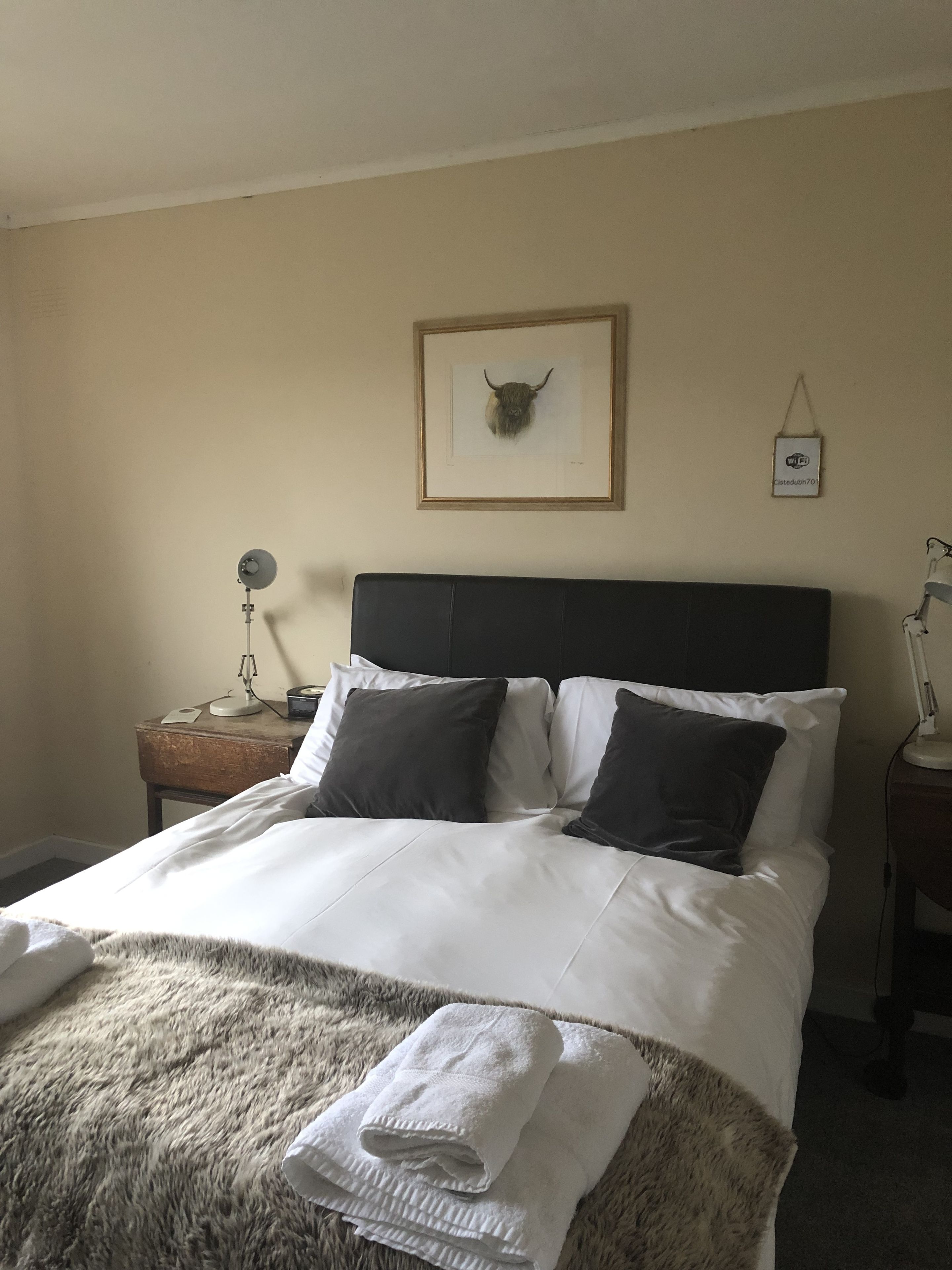 A neatly made bed with white and dark pillows, a framed animal head on the wall, a bedside lamp, and a small table with a lamp and a phone.