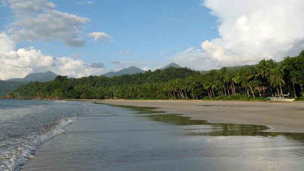 A beach with a clear sky, calm water, and a forested mountain in the background. - Amos Digue Pension House (Puerto Princesa)