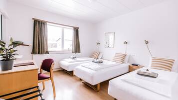 A hotel room with two single beds, a desk, a chair, a potted plant, and a window with curtains.