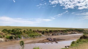 Een rivier met een rotsachtige oever en schaarse begroeiing.
