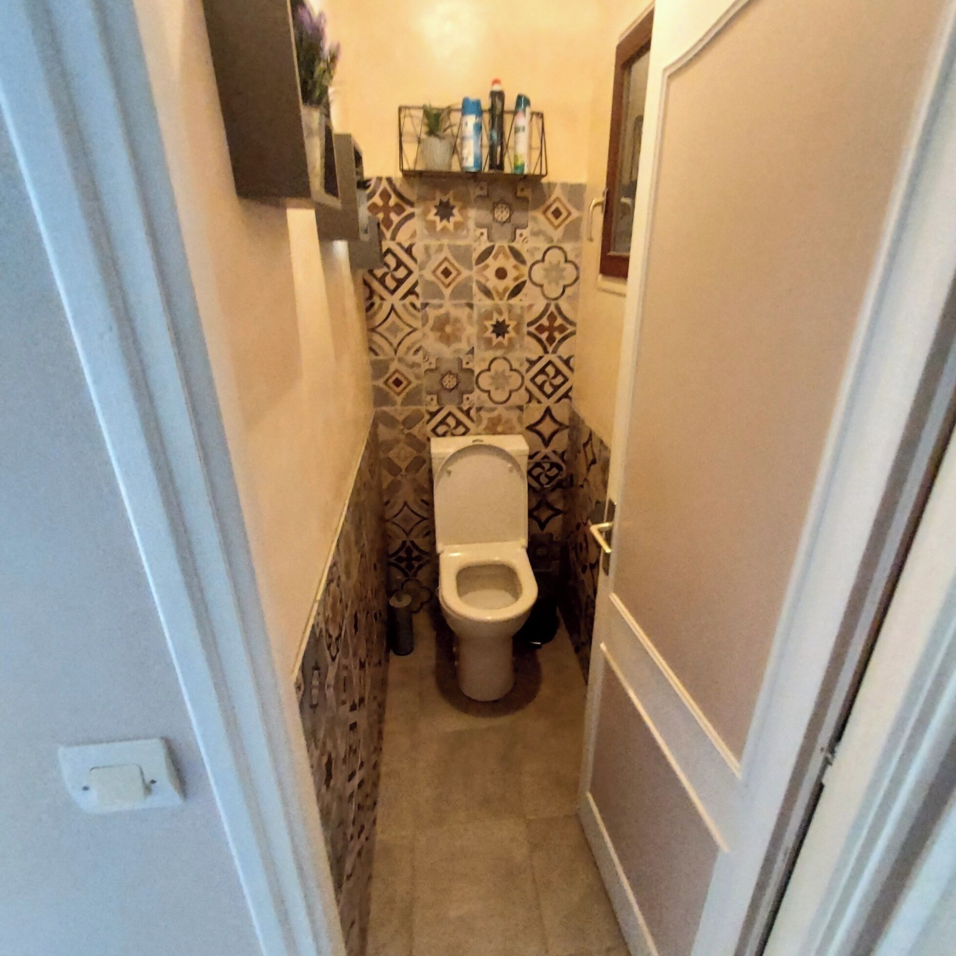 A narrow bathroom with patterned tiles, a toilet, a shelf with toiletries, and a door.