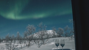Paisaje nevado con árboles y una copa de vino sobre una mesa.