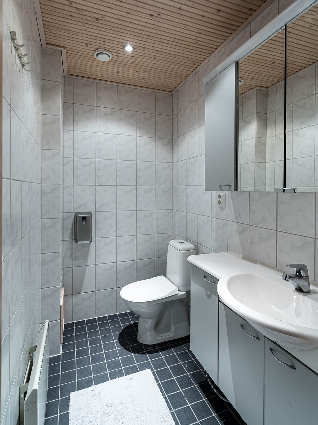 A modern bathroom with a toilet, sink, and mirror.