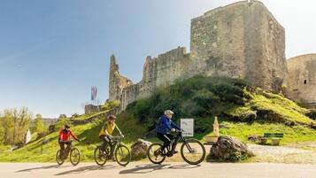 Trois cyclistes sur une piste cyclable asphaltée, avec un château de pierre historique en arrière-plan.