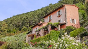 Una villa en la ladera con varios balcones, rodeada de vegetación exuberante y un paisaje boscoso.
