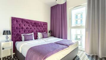 Premium bedding, desk, soundproofing, iron/ironing board